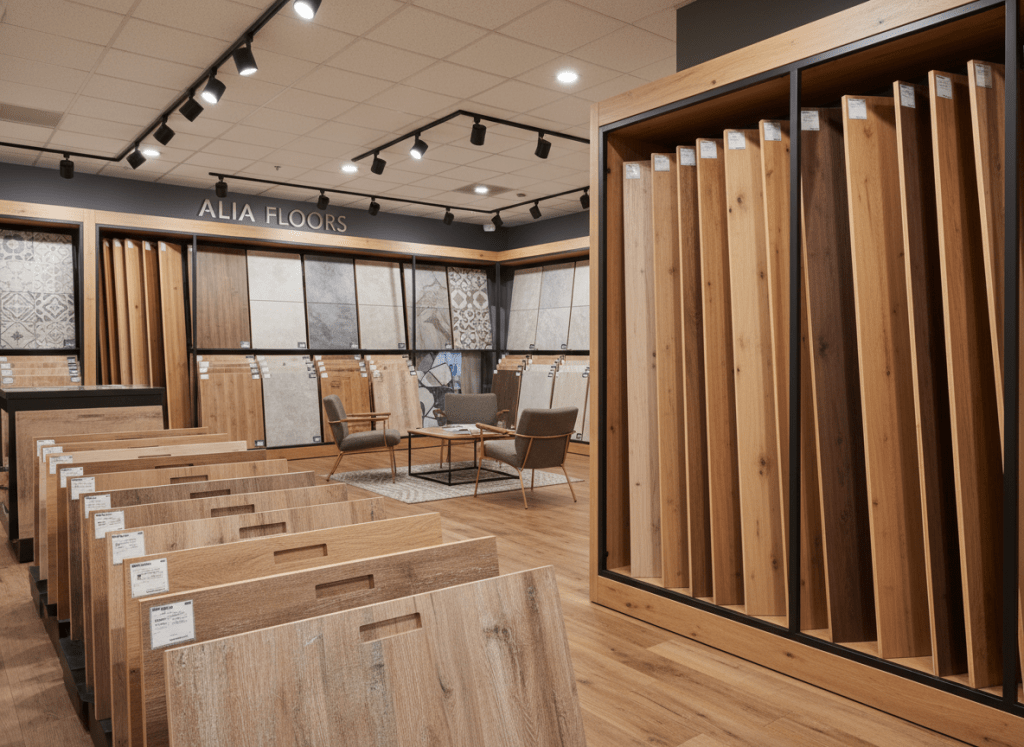 Fotografía interior de una tienda moderna de pisos, con exhibidores organizados mostrando muestras grandes de pisos de vinilo imitación madera, pisos de madera y losas tipo cerámica/pórcelanato, iluminación cálida, estilo realista, enfoque en las texturas del piso