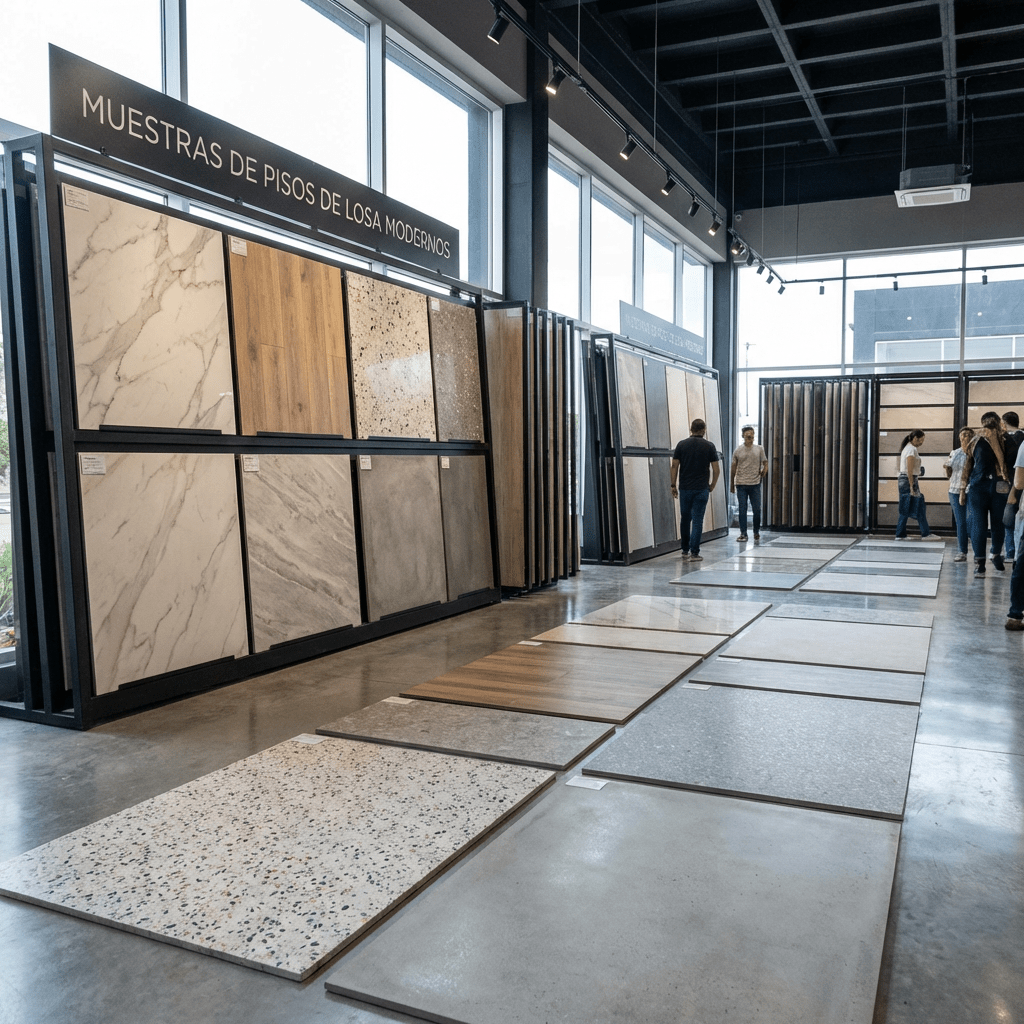 Flooring showroom featuring tile samples and a sign reading MUESTRAS DE PISOS DE LOSA MODERNOS.
