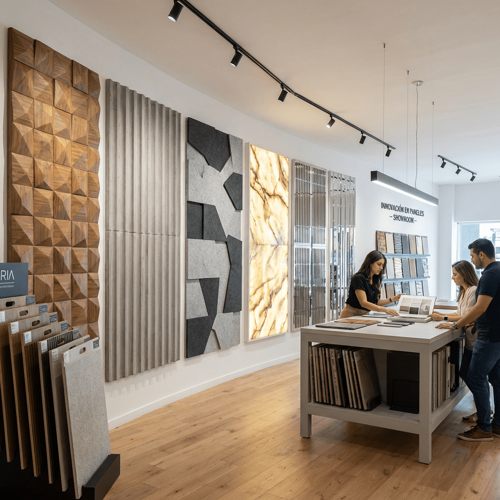 People viewing architectural samples in a showroom with wall panels and text INNOVACIÓN EN PANELES.
